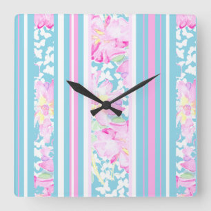 Roze rozen, turquoise strepen: vierkante wandklok klok