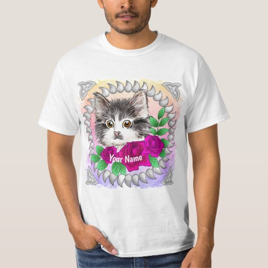 Roze rozen Tuxedo Cat T-shirt (Voorkant)