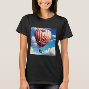 Roze Rozen Versierd Pin Luchtballon Florating In T T-shirt