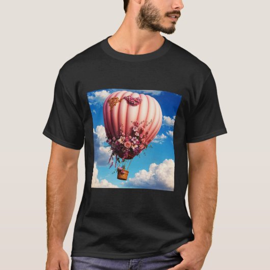 Roze Rozen Versierd Pin Luchtballon Florating In T T-shirt (Voorkant)
