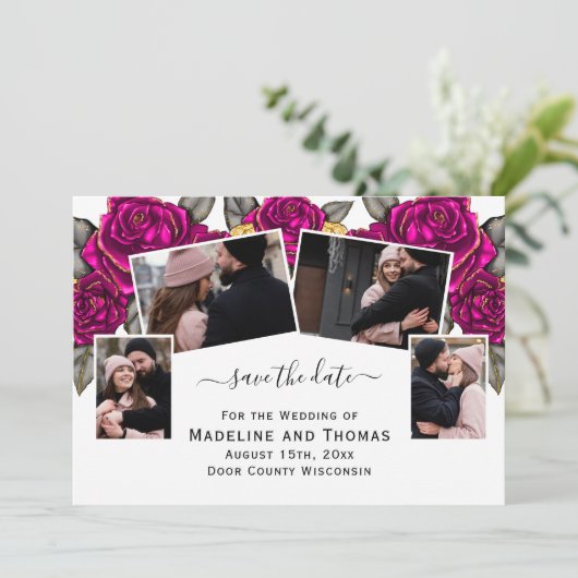 Roze rozen Vier Foto's Opslaan Datum Kaart (Staand voorkant)