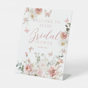 Roze Rozen Vlinder Bloemachtige Bruiloftswelkom Reclamebord Met Voetstuk