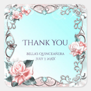 Roze rozen & vlinders verjaardagsfeest favor vierkante sticker