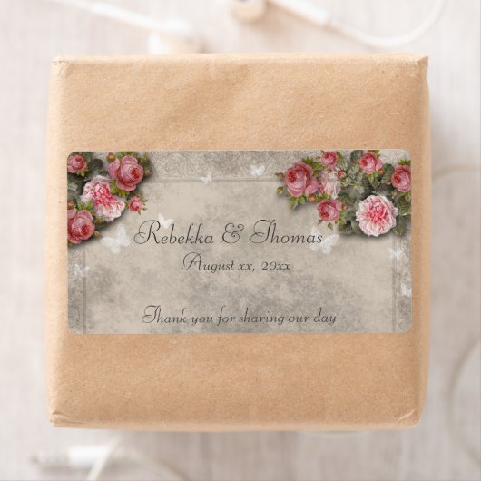 Roze Rozen & Vlinders Wijn/Waterflesetiket Etiket (Insitu)