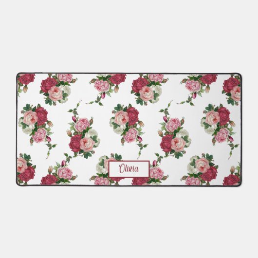 roze rozen w/naam-witte achtergrond bureaumat (Voorkant)