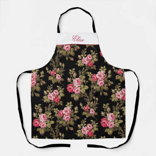 Roze Rozen w/Name-Black Achtergrond Schort (Voorkant)
