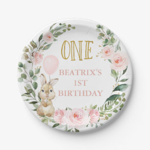 Roze rozen wat konijn draaien een 1e verjaardag papieren bordje