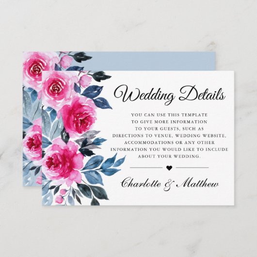 Roze Rozen Waterverf Botanische bruiloft Details Informatiekaartje (Voorkant / Achterkant)