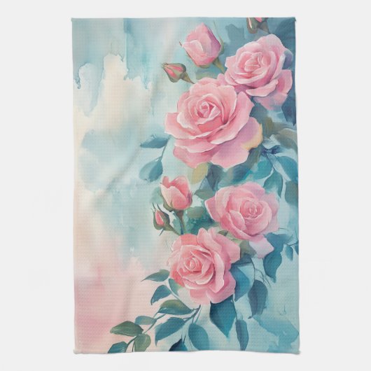 Roze Rozen Waterverf Elegant Theedoek (Verticaal)
