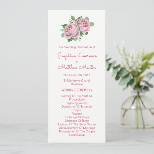 Roze Rozen Waterverf Trouwprogramma's Programma (Staand voorkant)