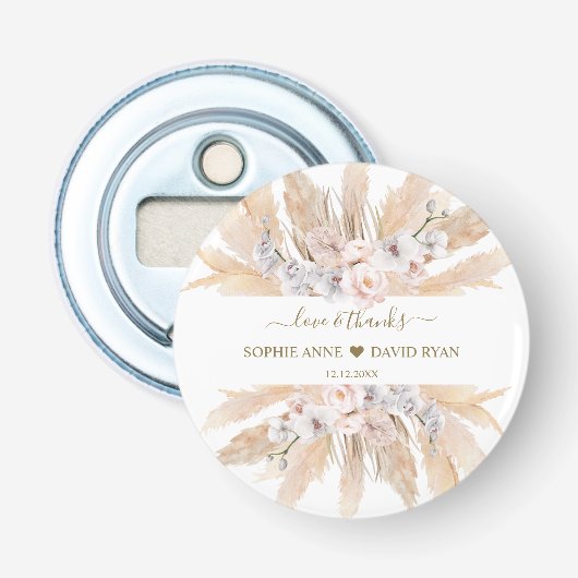 Roze rozen witte orchidee pampas grass Wedding Button Flesopener (Voorkant)