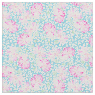 Roze Rozen Witte Vlinders op Sky Blue Fabric Stof