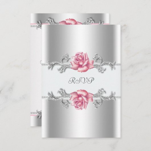 Roze Rozen Zilver 25e bruiloft Jubileum RSVP (Voorkant / Achterkant)