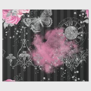  Roze Rozen Zilveren Glitter Vlinder Cadeaupapier