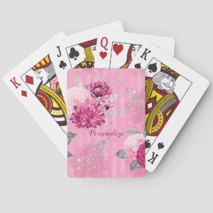 Roze Rozen Zilveren Glitter Vlinder Pokerkaarten