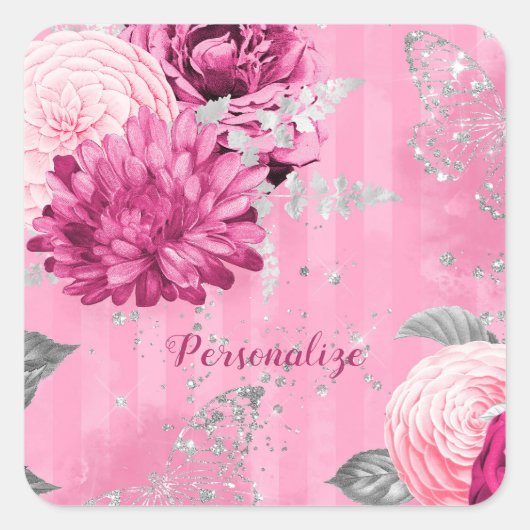 Roze Rozen Zilveren Glitter Vlinder Vierkante Sticker (Voorkant)