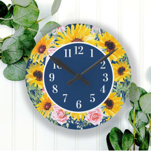 Roze rozen zonnebloemen marineblauw Monogram Ronde Klok