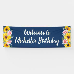 Roze Rozen Zonnebloemen Marineblauw Verjaardag Wel Spandoek