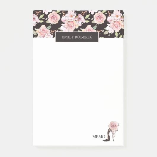 Roze rozen, zwart stiletto elegant mode ontwerp post-it® notes (Voorkant)
