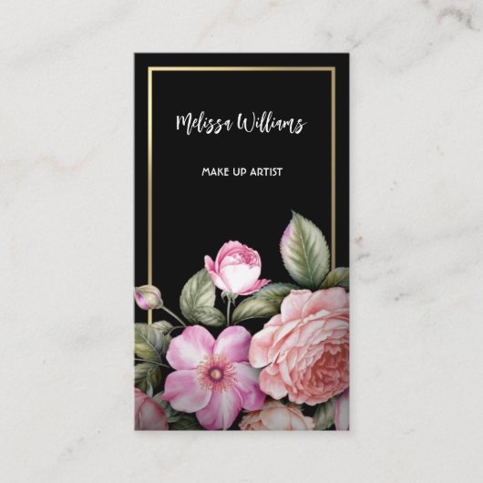 Roze Rozen Zwart Visitekaartje (Voorkant)