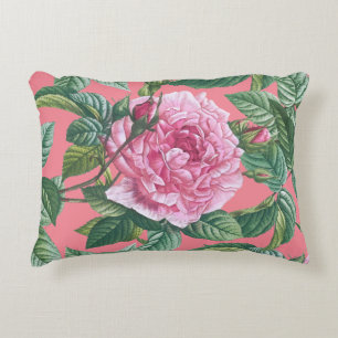 Roze rozenbloemen met groene bladeren accent kussen
