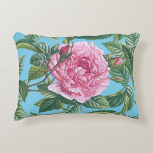 Roze rozenbloemen met groene bladeren accent kussen