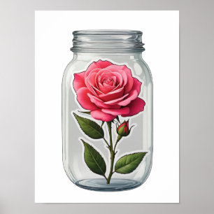 Roze rozenbloemsteel in een glazen fles poster