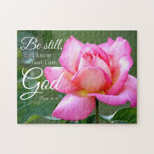Roze rozenbloesem is nog steeds psalm 46:10 legpuzzel (Horizontaal)