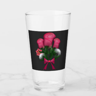 Roze rozenboeket met bloemenslint glas