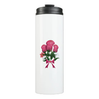 Roze rozenboeket met bloemenslint thermosbeker