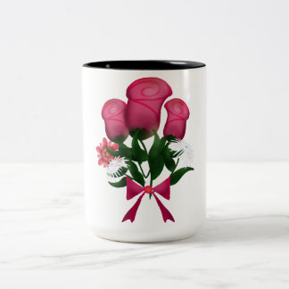 Roze rozenboeket met bloemenslint tweekleurige koffiemok