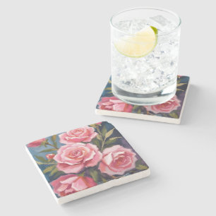 Roze Rozenboeket Schilderij Stenen Onderzetter