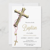 Roze Rozenkrans Versierd Gouden Kruisdoop Kaart (Voorkant)