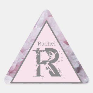 Roze Rozenkwarts Naam Monogram Elegante Sjabloon Driehoek Sticker