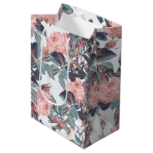 Roze rozenontwerp medium cadeauzakje (Voorkant Gekanteld)