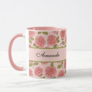 roze rozenpatroon met naam mok