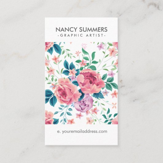 Roze rozenpatroon visitekaartje (Voorkant)