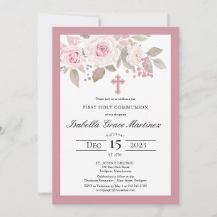 Roze rozenpioen Bloemen Eerste Heilige Communie Kaart