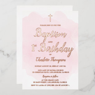 Roze Rozenrood kruis Baptisme en 1e verjaardag Folie Feestdagenkaart