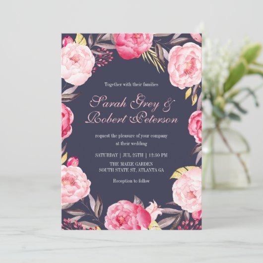 Roze rozenstaven en uitnodiging tot het indienen v (Staand voorkant)