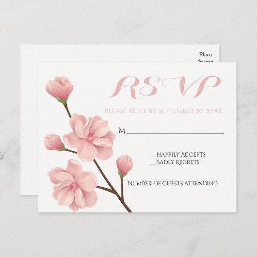 ROZE RSVP BLOEMEN KERSENBLOESEMS BRUILOFT BLOEMEN UITNODIGING BRIEFKAART (Voorkant / Achterkant)