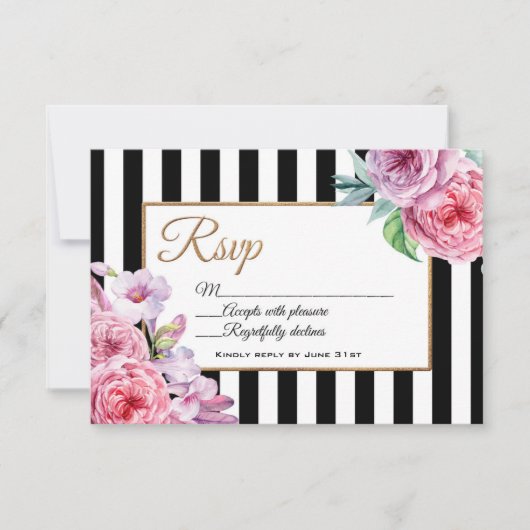 Roze RSVP-kaart en Stripes RSVP Kaartje (Voorkant)