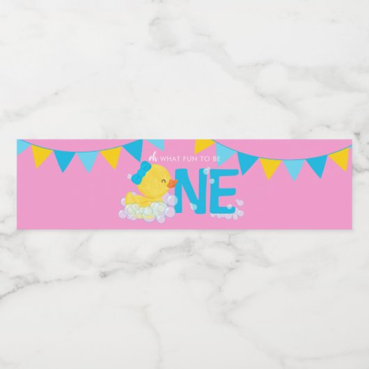 Roze Rubber Eend 1e Verjaardag Waterfles Etiket (Enkel label)
