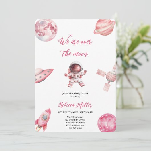 ROZE RUIMTE BABYSHOWER UITNODIGING (Staand voorkant)