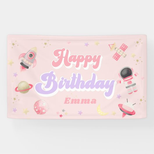 Roze ruimte Happy Birthday-banner Spandoek (Horizontaal)
