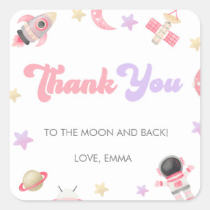 Roze ruimtemoon en sterren Birthday Hartelijk dank Vierkante Sticker