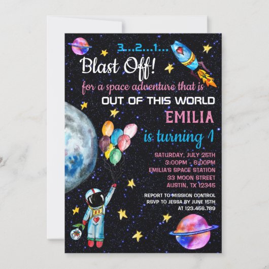 Roze Ruimtevaarder Regenboog Ballonnen Raket Kaart (Voorkant)