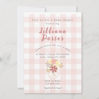 Roze ruit bloem baby shower uitnodiging