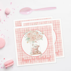 Roze ruit Teddybeer Verjaardag Servet