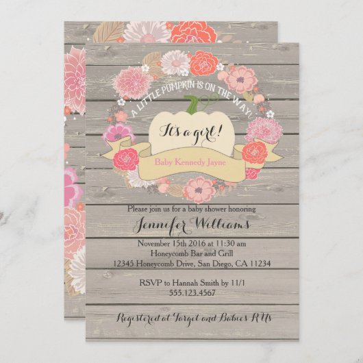 Roze Rustic White Pumpkin Baby shower Uitnodiging (Voorkant / Achterkant)
